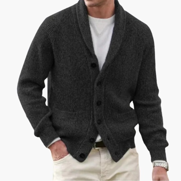 LAURENCE J. SMITH Charcoal Ribbed Shawl Collar Shetland Cardigan€328